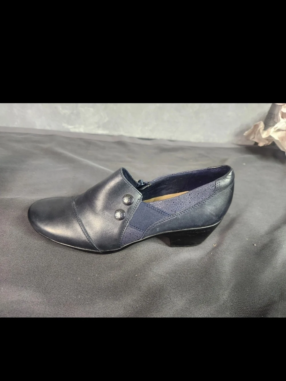 Clarks Navy Leather Low Heel Slip-On Booties